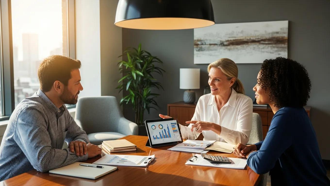 Financial advisor explaining tax strategies to a couple in a modern office