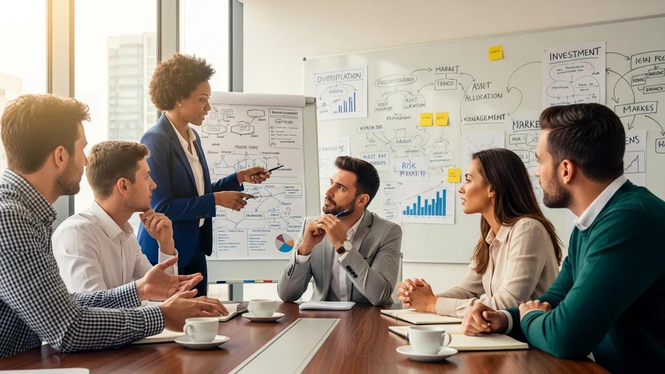 Group discussion on effective portfolio diversification techniques in a modern conference room