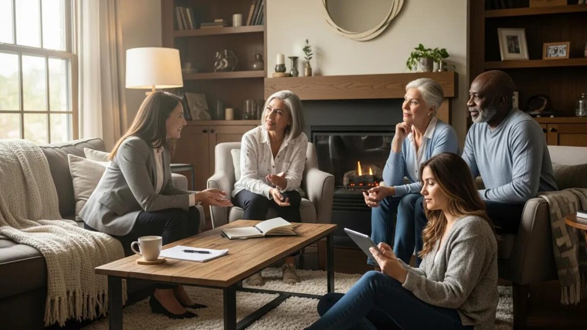 Group discussion on retirement planning in a cozy living room