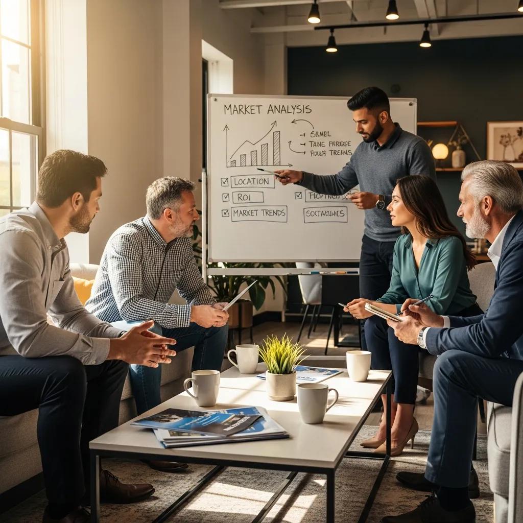 Group of accredited investors discussing real estate strategies in a modern office