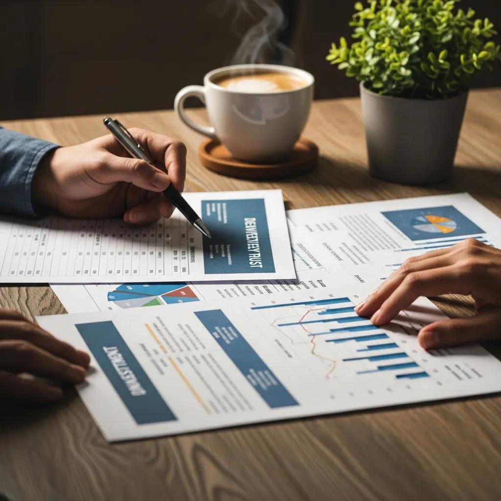Hands analyzing investment documents with coffee and plant in a cozy setting