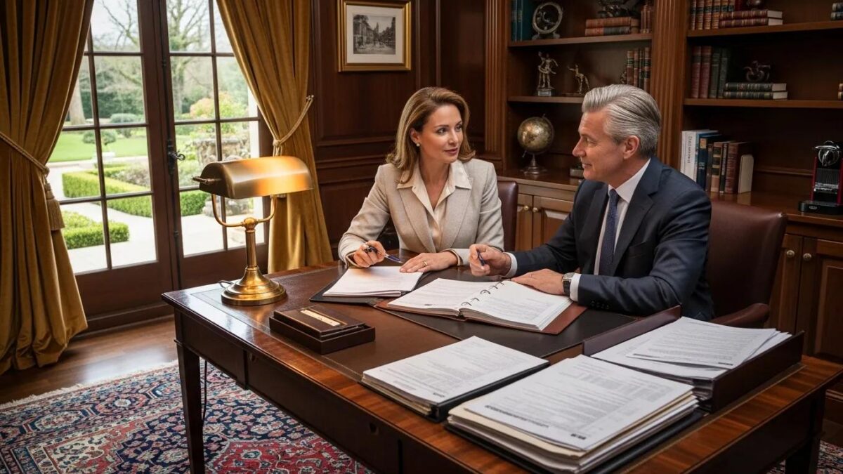 High net worth individual consulting with a tax advisor in a luxurious home office