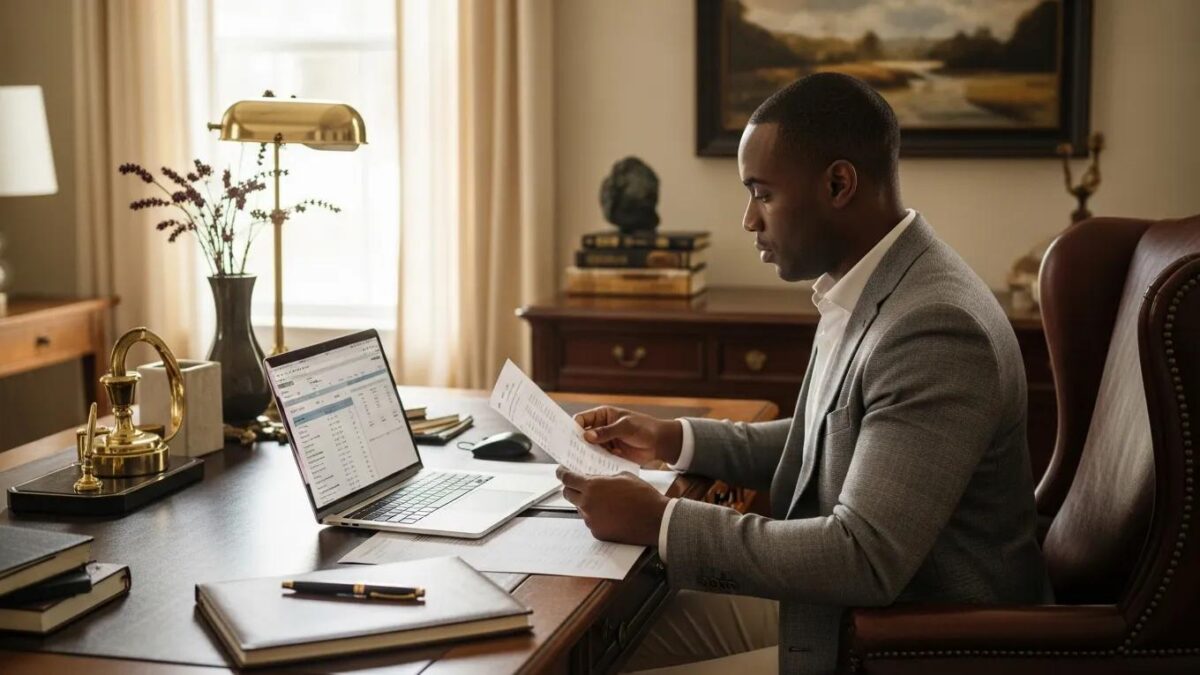 High-net-worth individual in a cozy home office reviewing financial documents