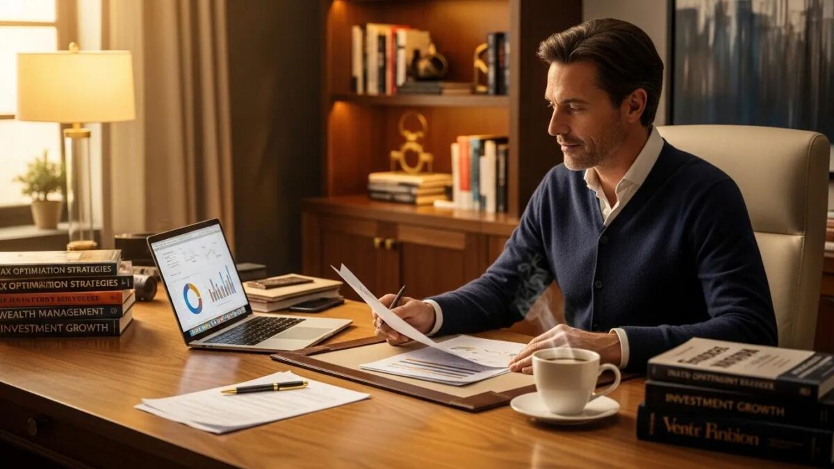 High-net-worth individual in a cozy home office reviewing financial documents, emphasizing tax optimization and wealth management