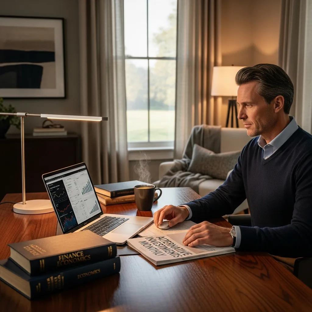 High-net-worth individual reviewing alternative investments in a cozy home office
