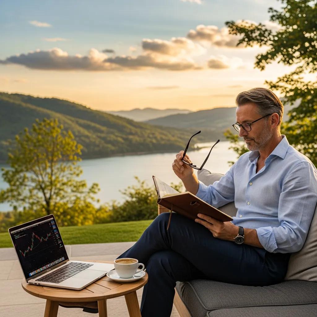High-net-worth individual reviewing investment strategies in a serene outdoor setting