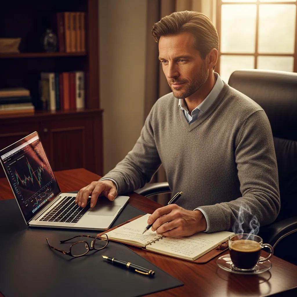 High-net-worth investor reviewing hedge fund performance reports in a home office