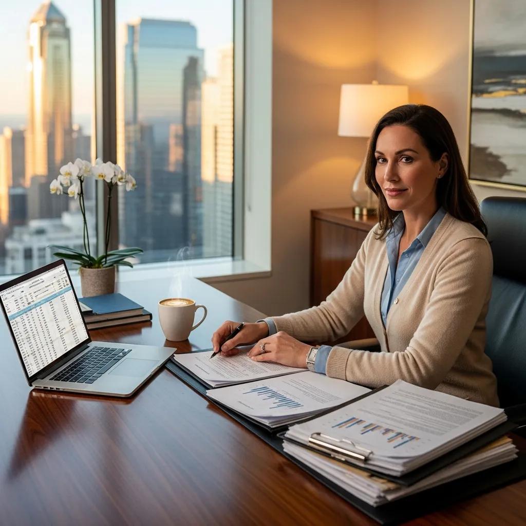 High-net-worth investor reviewing real estate documents in a modern office