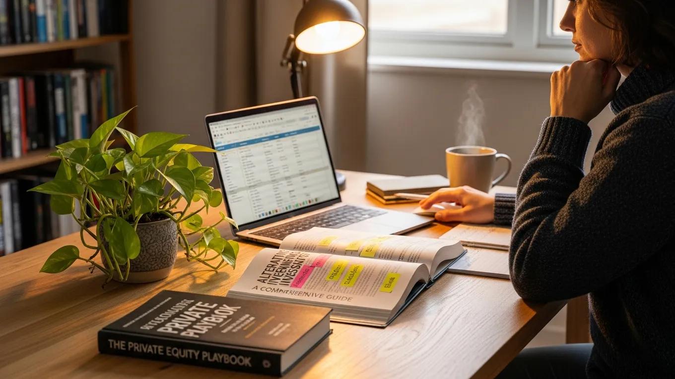 Individual reviewing alternative investment options in a cozy home office