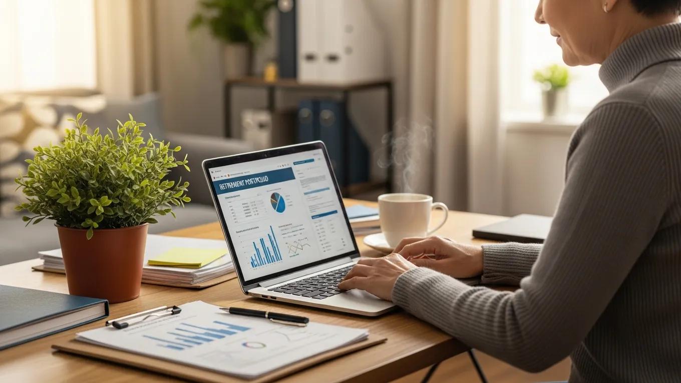 Individual reviewing retirement portfolio in a cozy home office