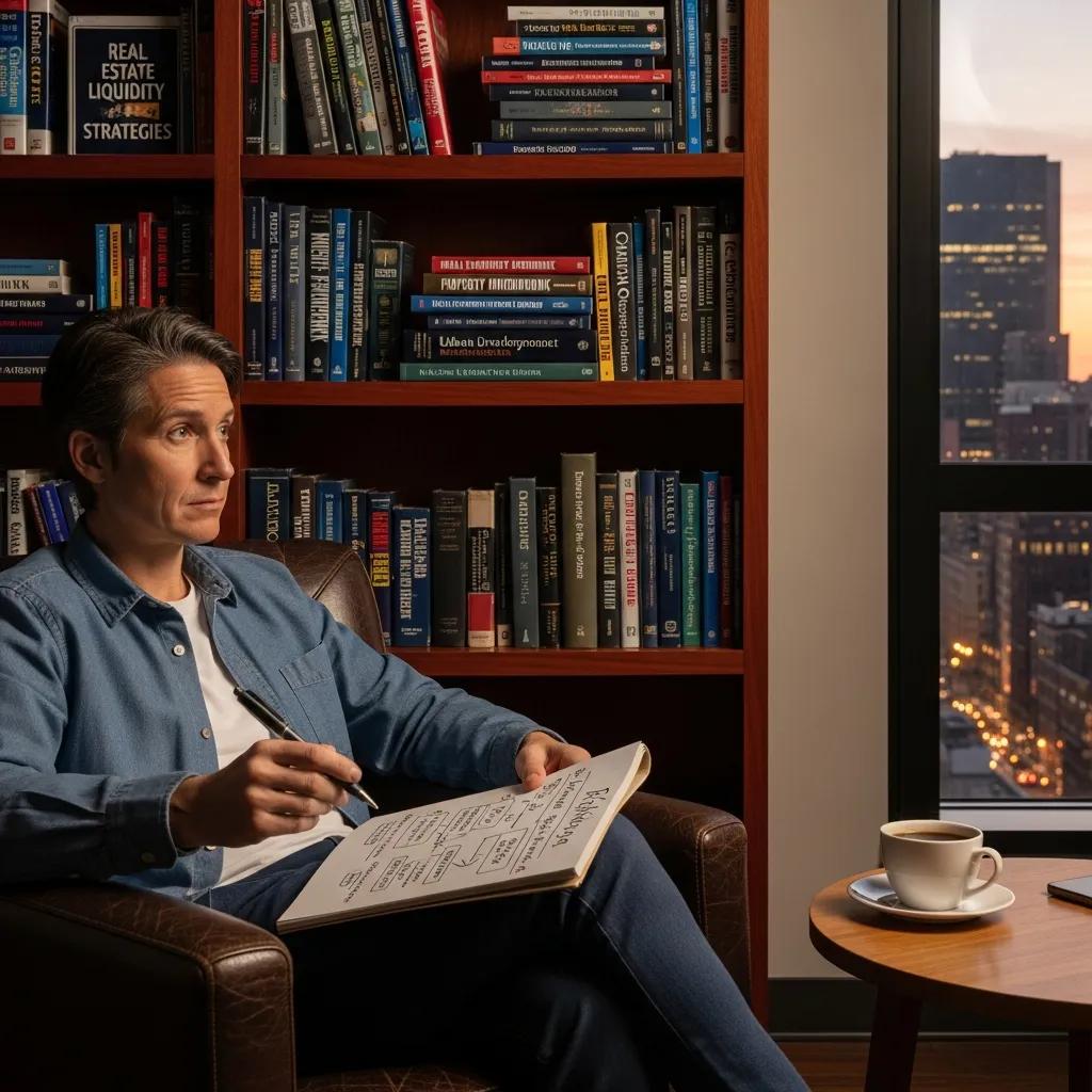 Investor contemplating liquidity options in real estate with a notepad