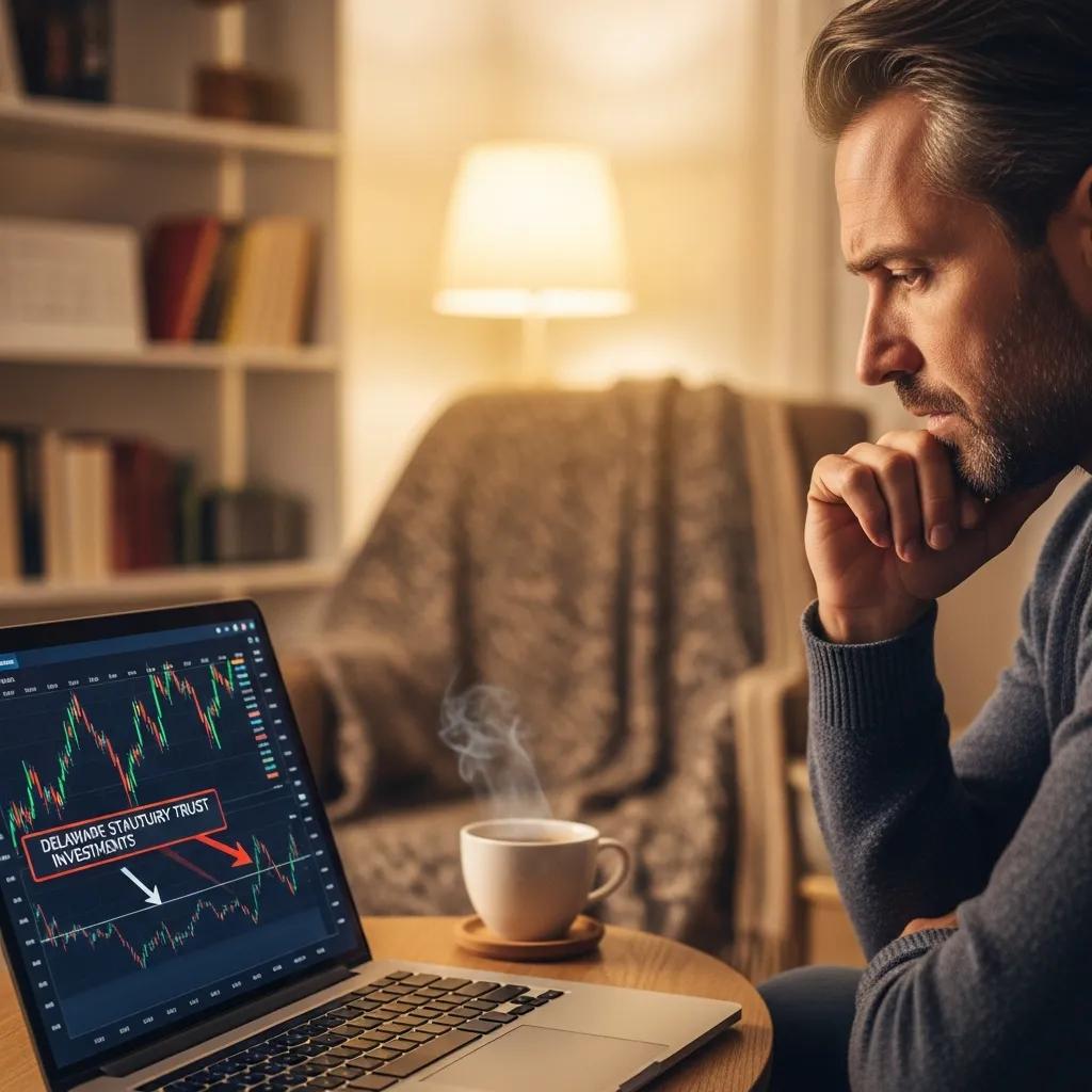 Investor evaluating market risks on a laptop in a cozy home office
