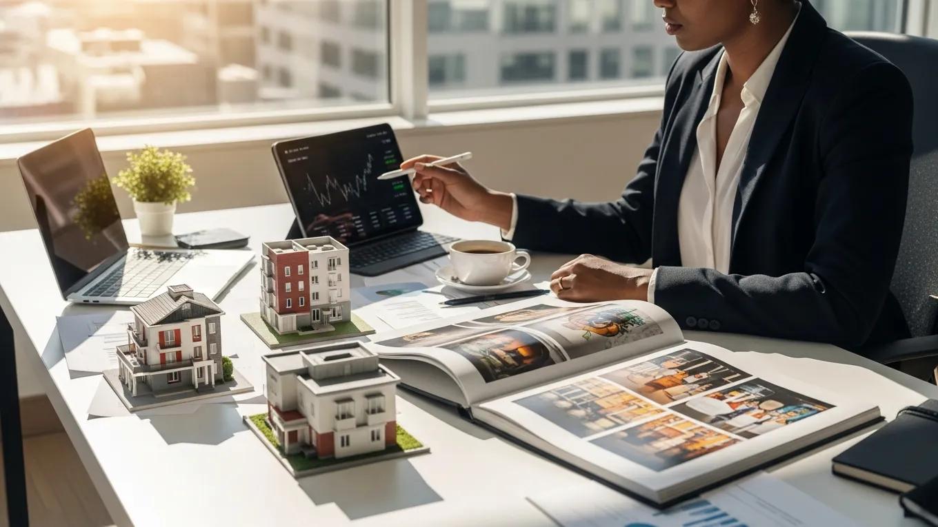 Investor exploring alternative investment options in a modern office, showcasing diverse asset classes