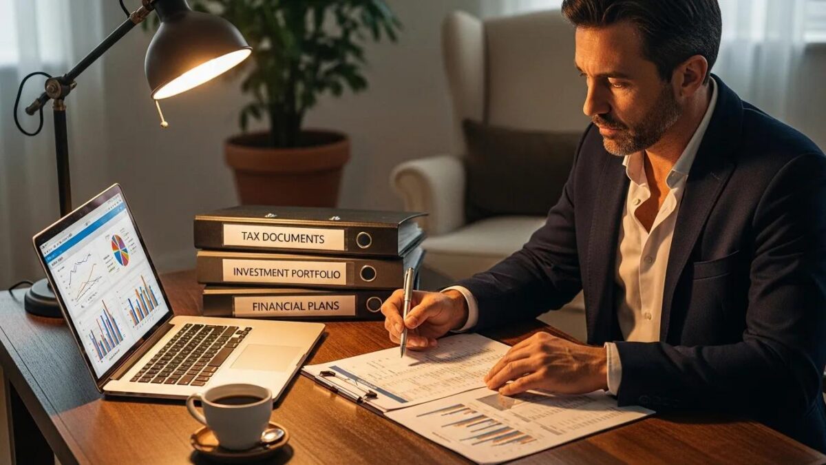Investor reviewing financial documents in a cozy workspace, emphasizing tax optimization strategies
