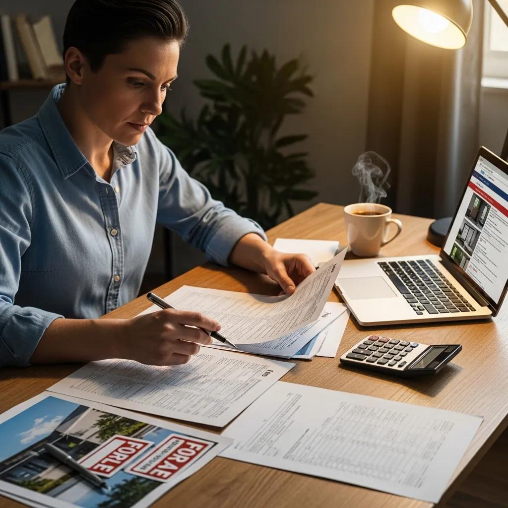 Investor reviewing tax documents and real estate options at a desk