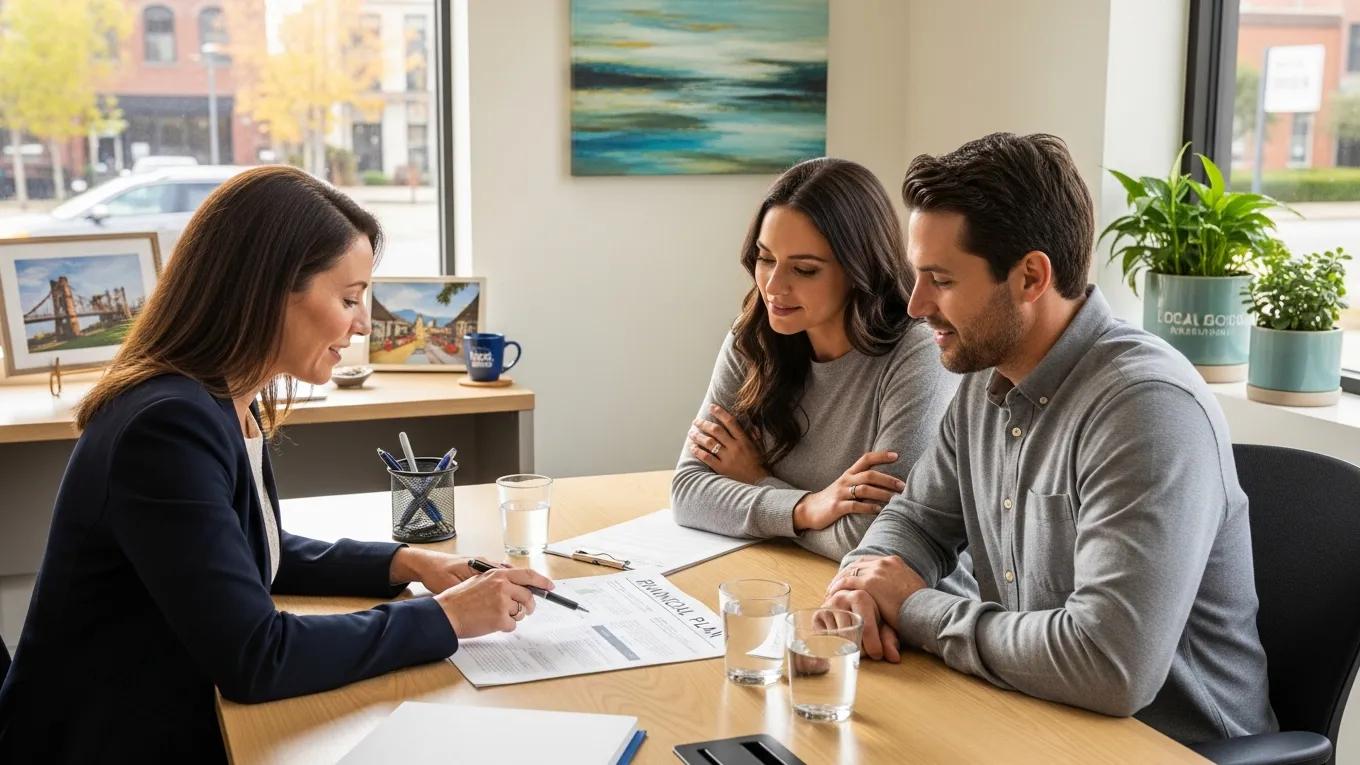 Local financial advisor meeting with clients in a welcoming office