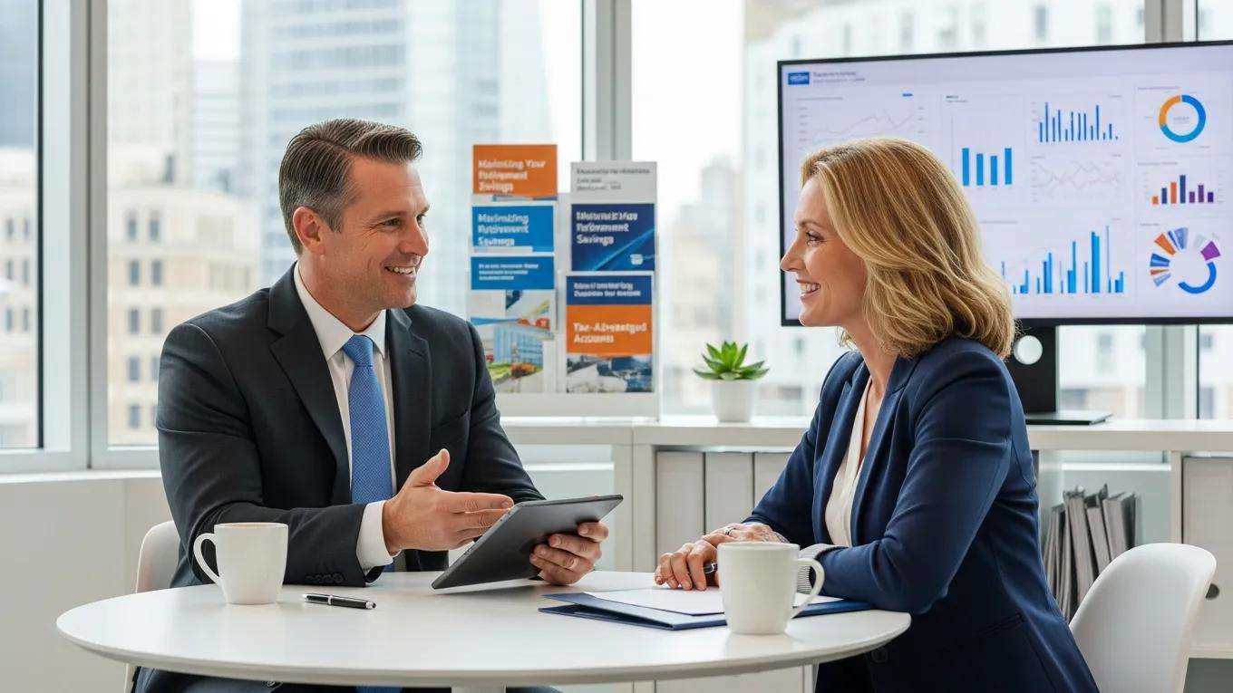 Person discussing financial strategies with an advisor in a modern office, focusing on tax-advantaged accounts