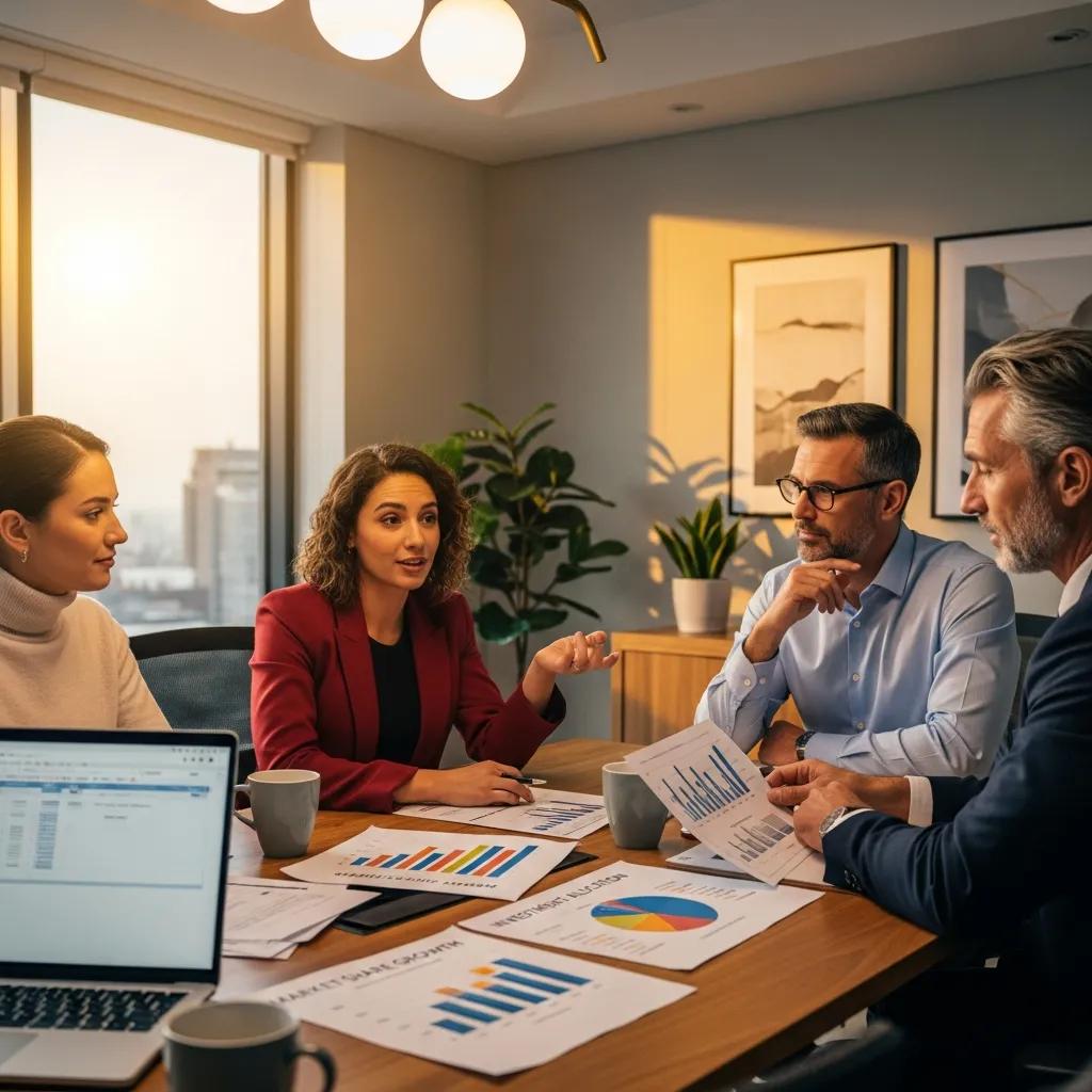 Professionals discussing private equity investment strategies in a conference room