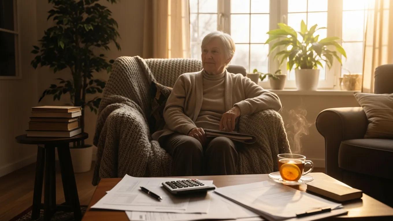 Retired individual reviewing tax documents in a cozy living room, emphasizing tax-efficient retirement planning
