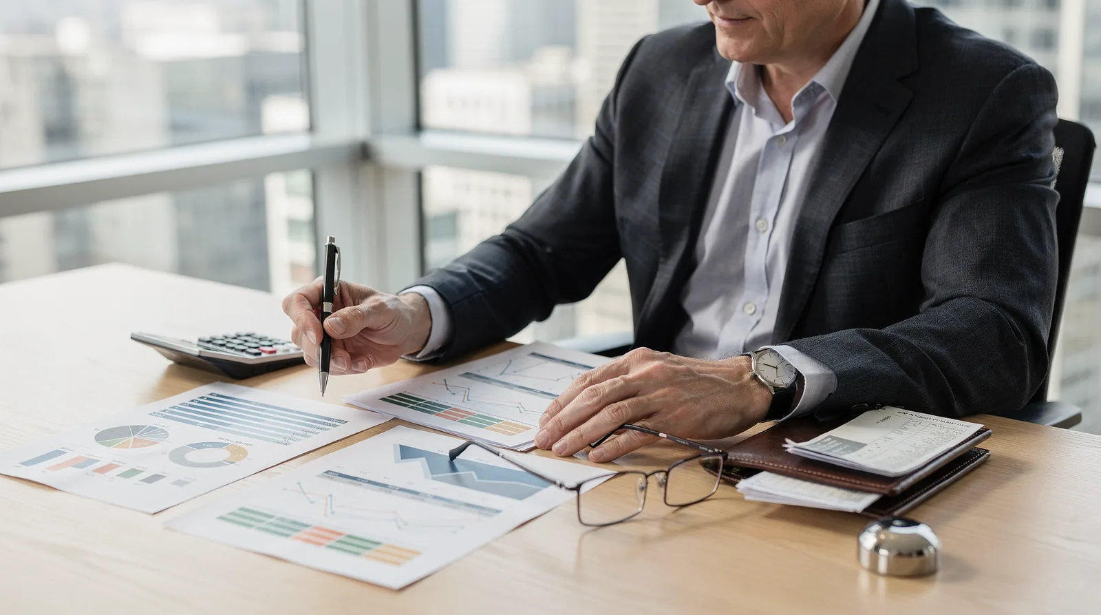 Business owner reviewing tax deferral documents and compensation plans