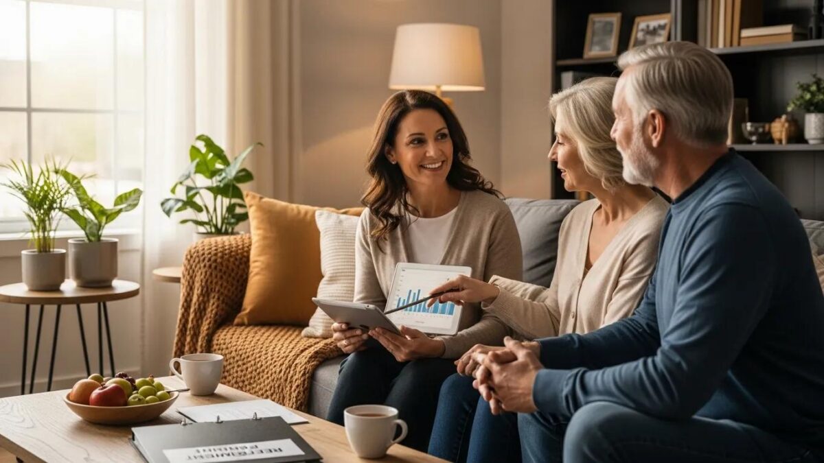 Warm lifestyle image of a financial advisor consulting with clients about retirement savings