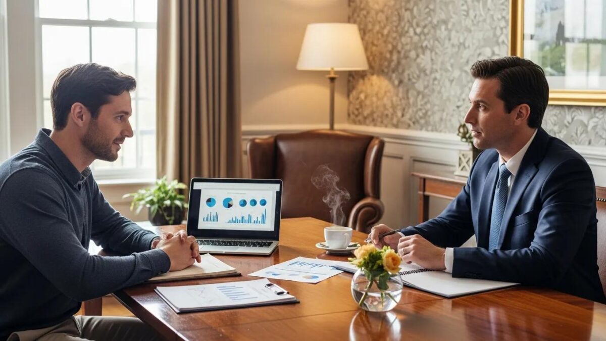 Wealth management discussion between a client and advisor in a cozy office setting